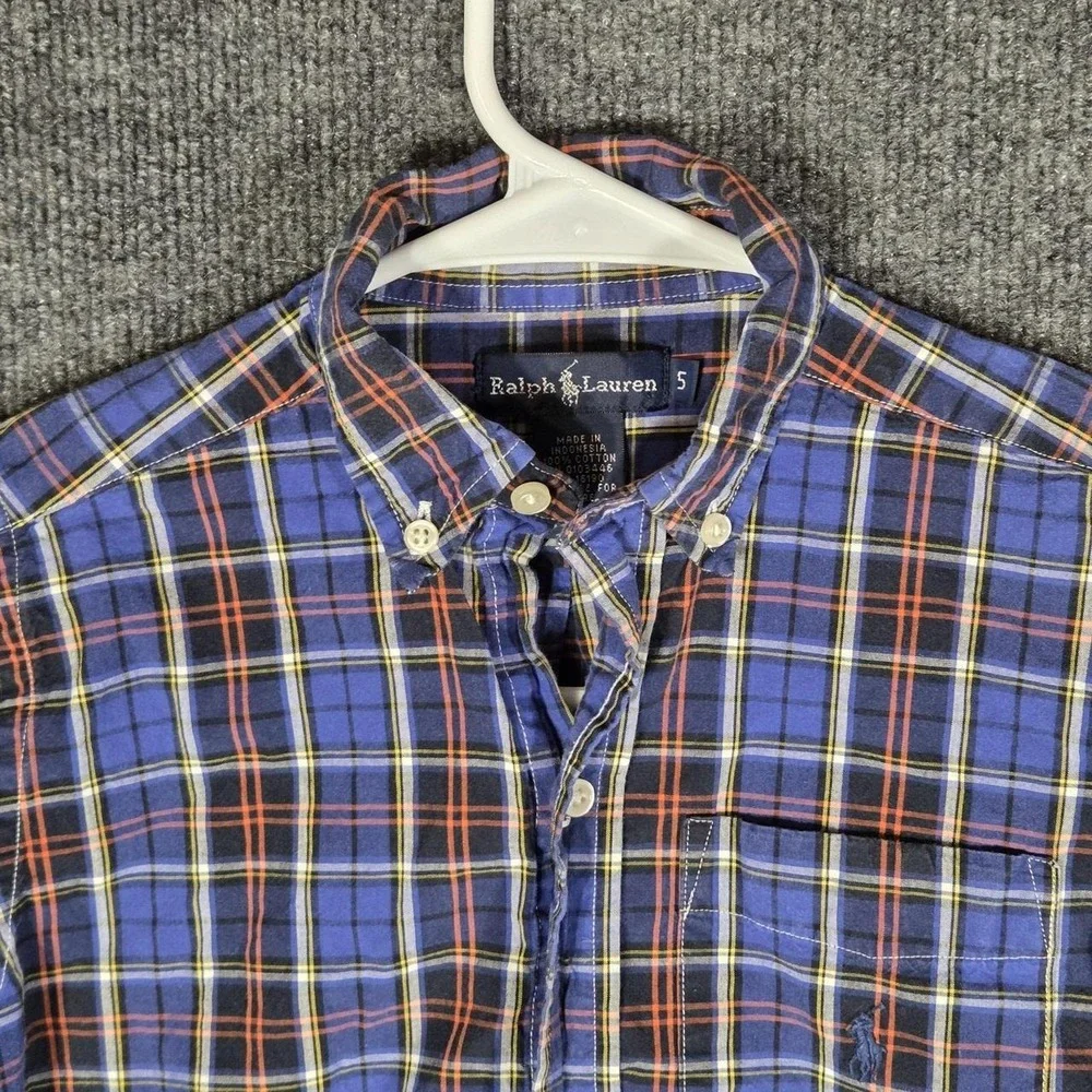 Ralph Lauren Boys Shirt Size 5 Blue Plaid Short Sleeve Button Down Pony Logo